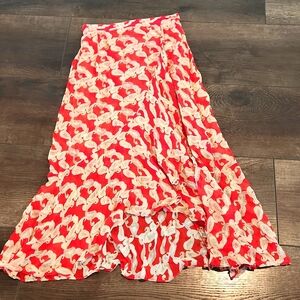 The Kooples Jupe Paisley Print Skirt 0 Draped Ruffle High Low Hem A-Line Red